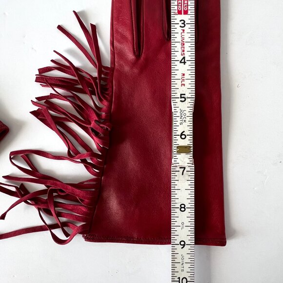 Neiman Marcus Red Leather Italian Gloves with Fringe, Size 7 1/2, Silk Lining EC - Picture 5 of 12